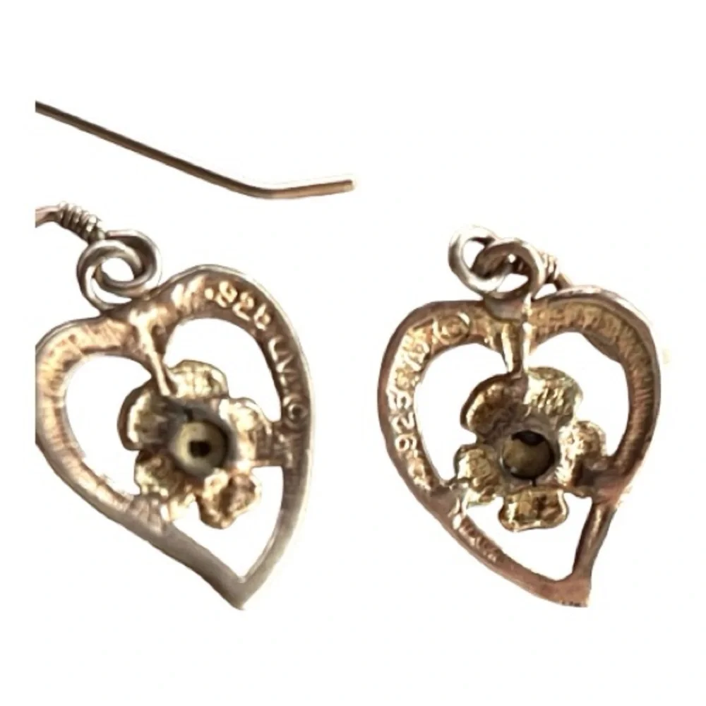 Signed M 925 Sterling Hearts Flowers Bracelet Pierced Earrings Set Rose Center
